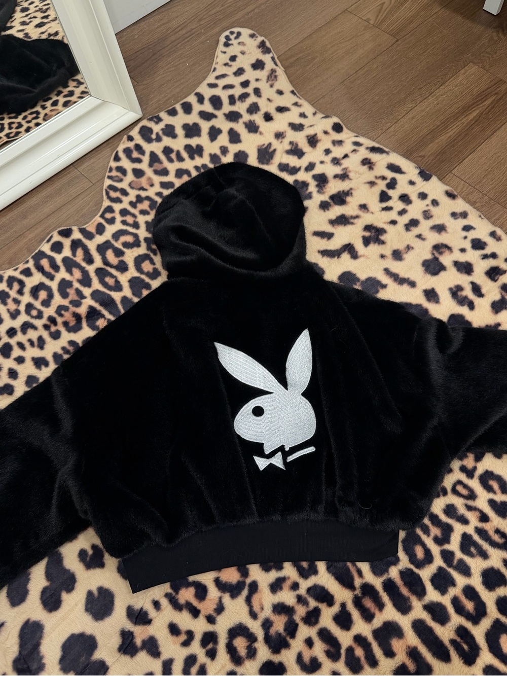 PLAYBOY Black Faux Fur Zip-Front Hoodie